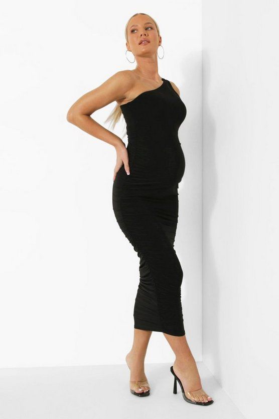 Maternity One Shoulder Ruched Midi Dress | Boohoo.com (US & CA)