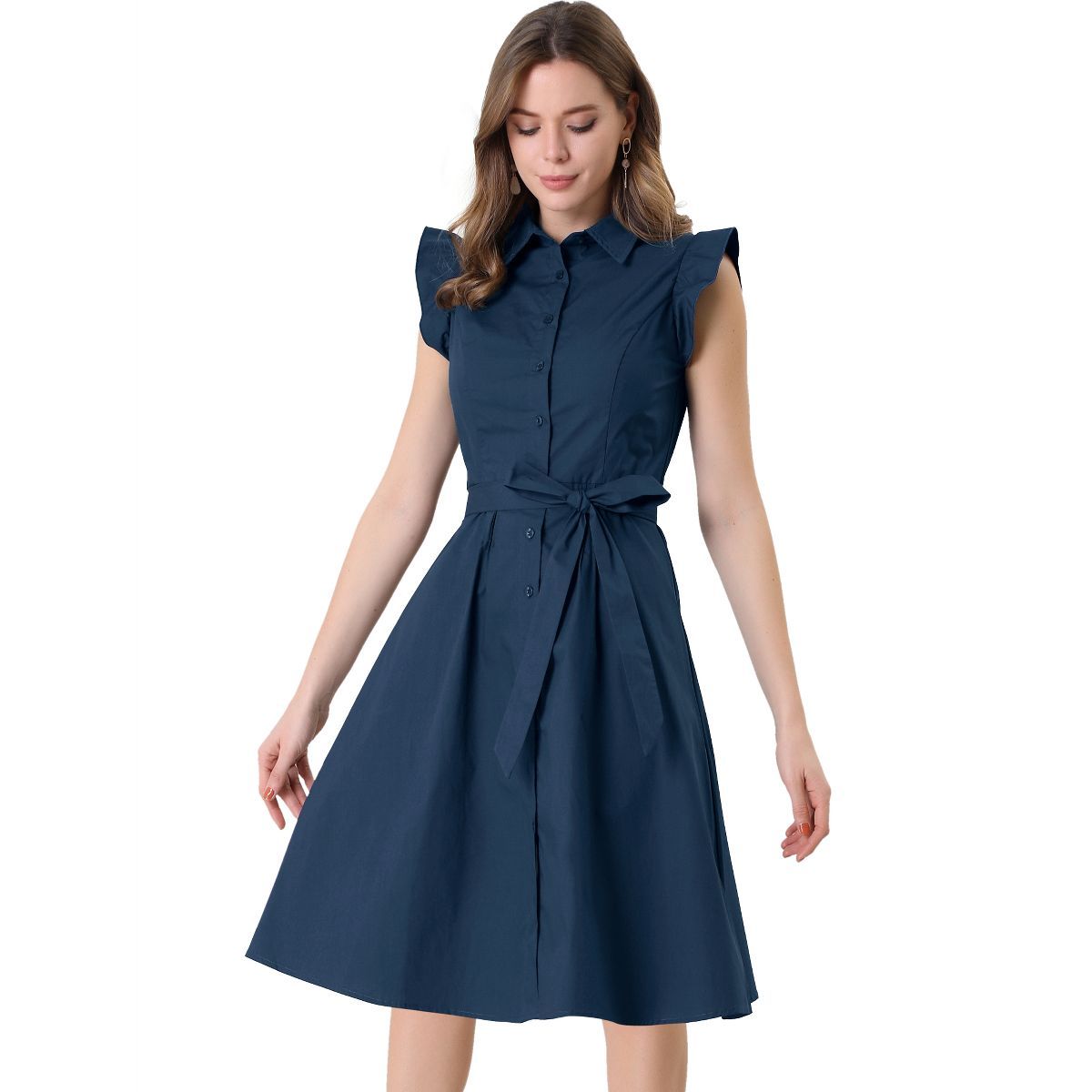 Allegra K Women's Cotton Ruffled Sleeve Tie Waist Button Casual Office Shirtdress | Target