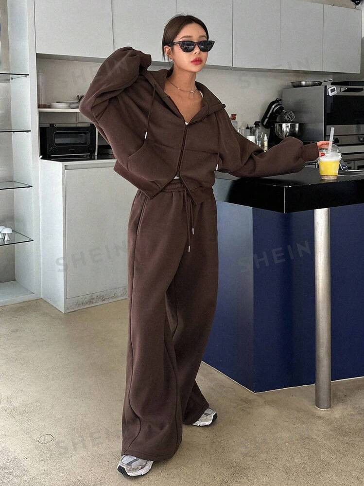 DAZY 2pcs Women Casual Solid Color Drawstring Hooded Sweatshirt And Sweatpants Set, Autumn&Winter | SHEIN