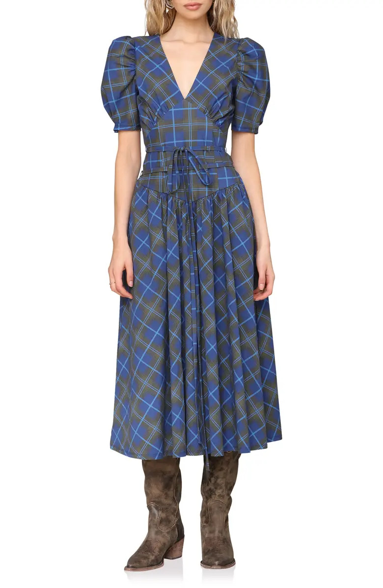 Avec Les Filles Plaid Puff Sleeve Tie Belt Stretch Cotton Midi Dress | Nordstrom | Nordstrom
