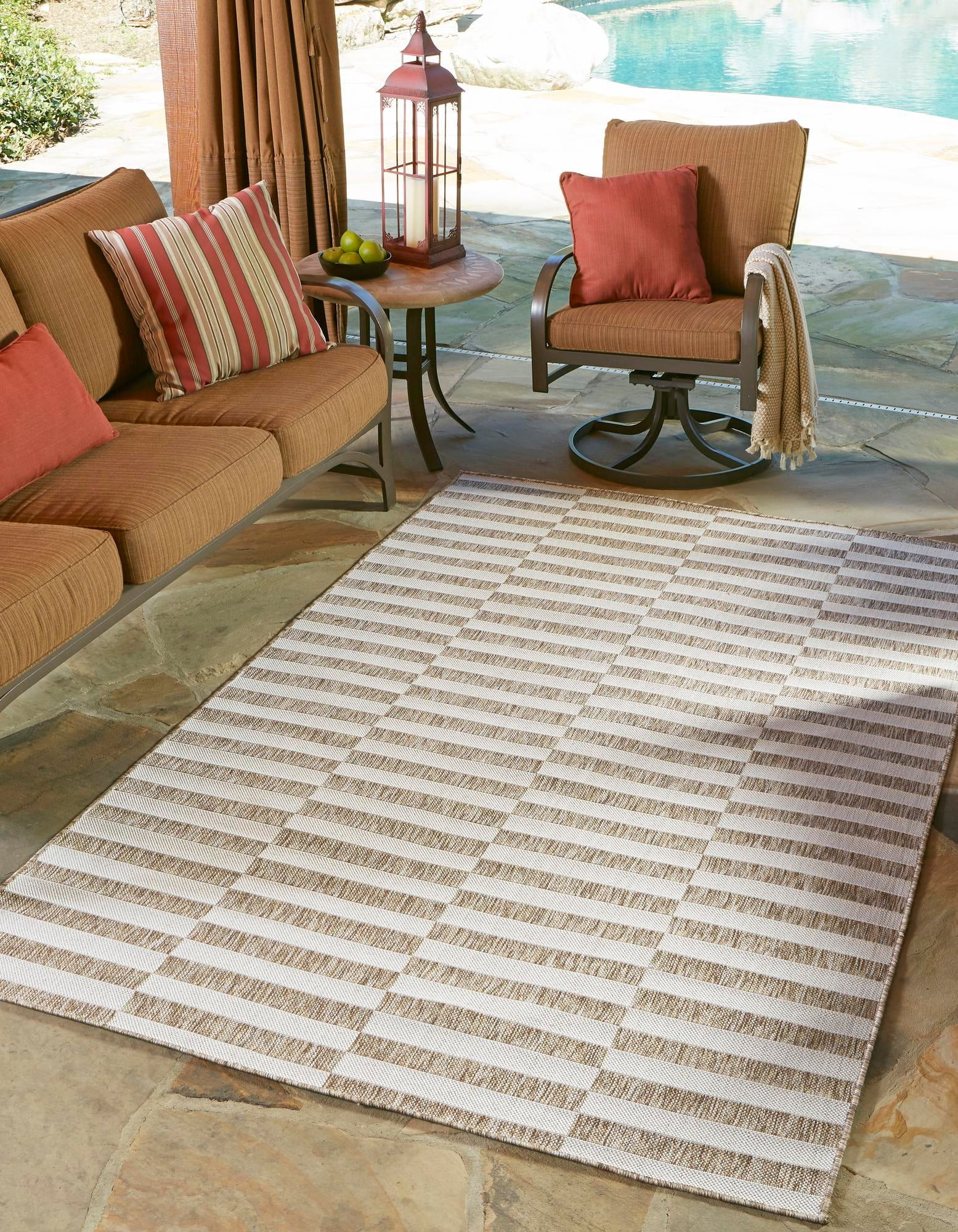 Unique Loom Outdoor Striped Collection Area Rug - Striped (8' x 11' 4" Rectangle Taupe/Ivory) | Walmart (US)