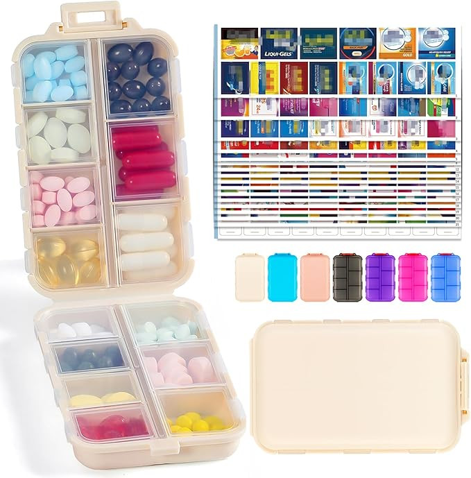 Travel Pill Organizer with Bulk Stickers & Labels - Small & Portable Week Daily Medicine Pharmacy... | Amazon (US)