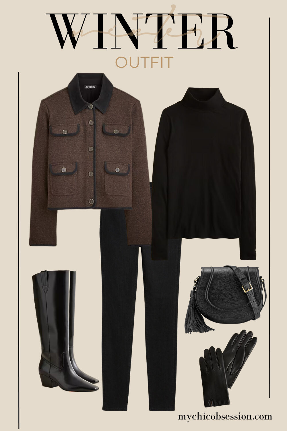 Style a timeless winter look inspired by the English countryside. Pair a collared jacket with a black turtleneck, leggings, a saddle bag, knee-high boots, and leather gloves for a classic cold-weather aesthetic. 

 #LTKSeasonal