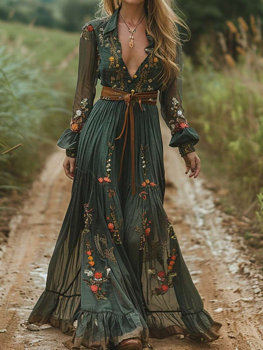 Women's Temperament V-Neck Spliced Mesh Long Sleeved Printed Dress Without Belt | SHEIN