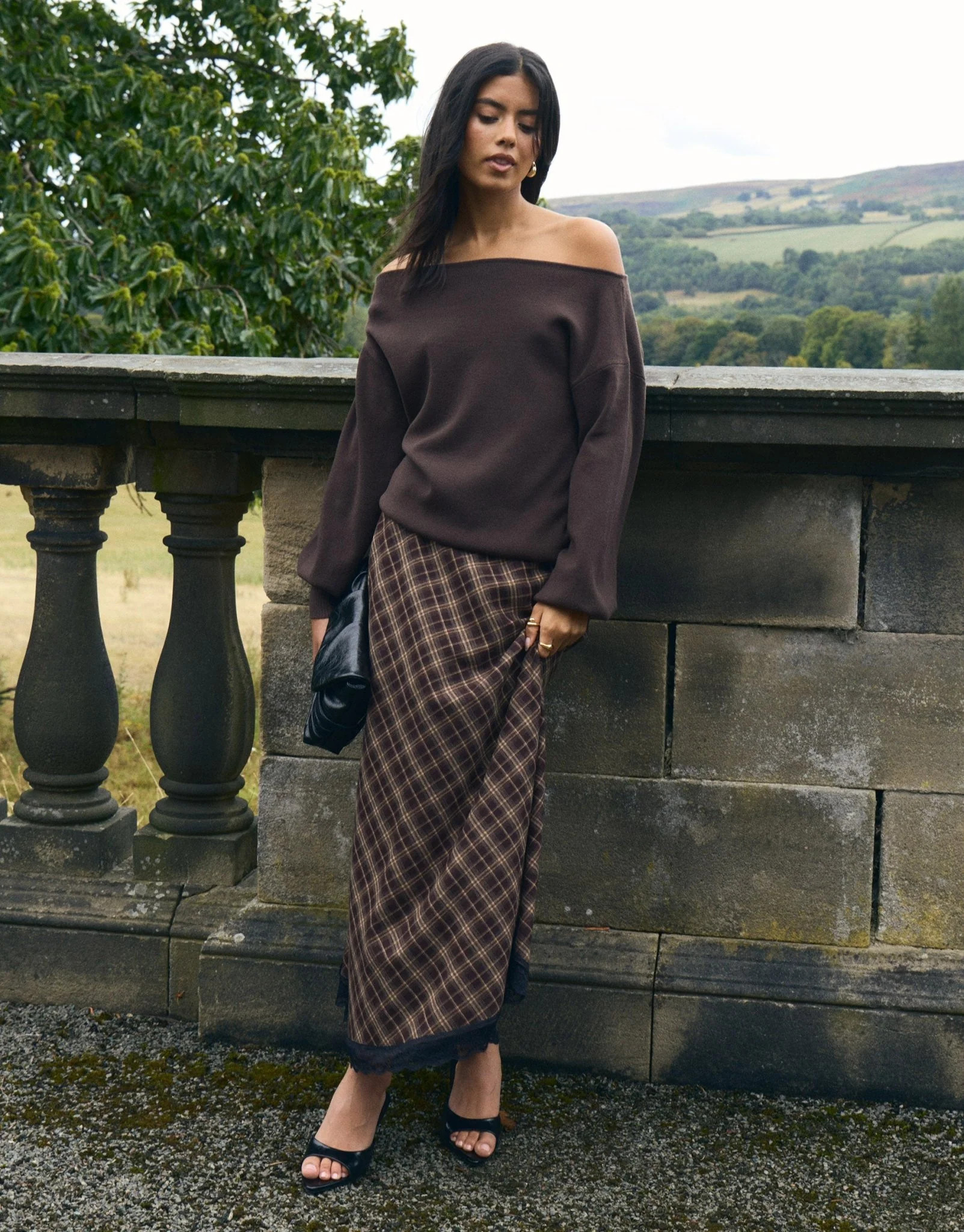 Asymmetric Lace Trim Midaxi Skirt in Chocolate Brown Check | Threadbare UK