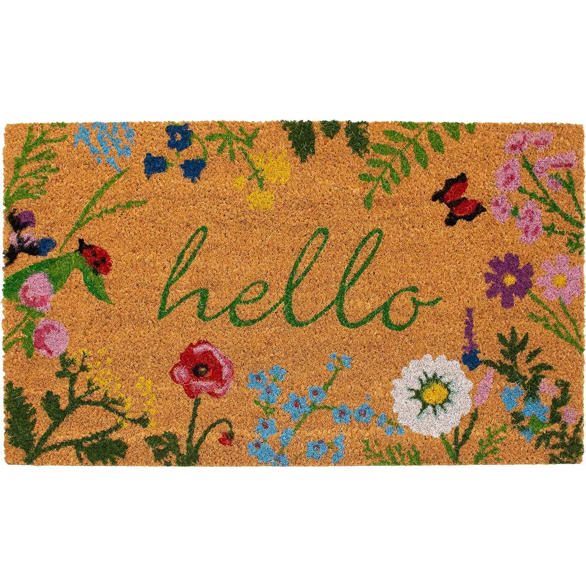 HomeRoots 24" X 36" Natural and Green Coir Floral Hello Outdoor Door Mat | Target