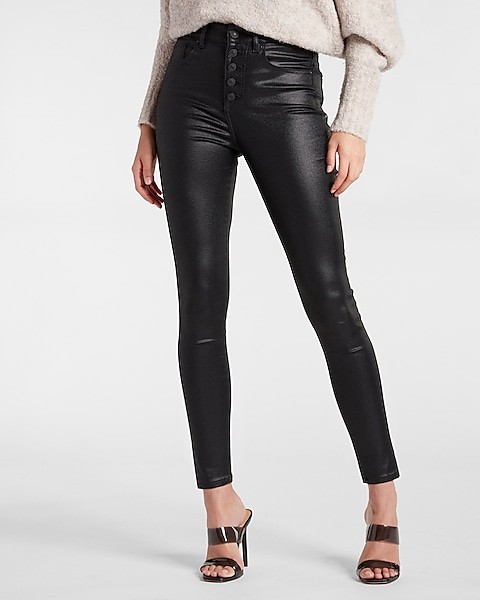 High Waisted Black Coated Button Fly Supersoft Skinny Jeans | Express