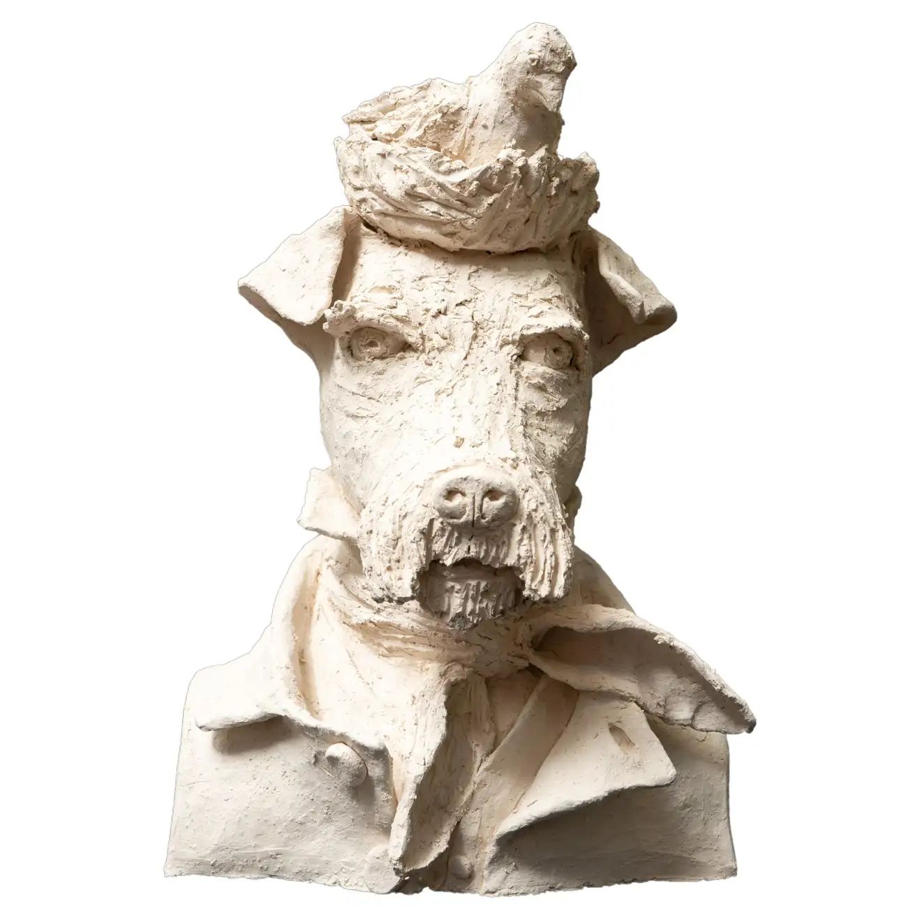 Terracotta Anthropomorphic Bust of Dog with Birdnest on Head | 1stDibs