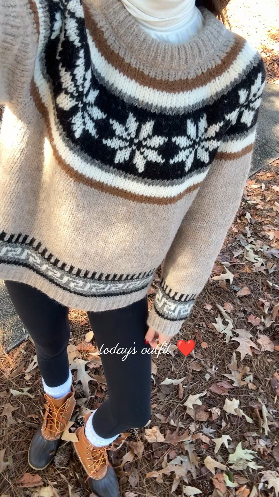 A close-up of today’s outfit, perfect for a walk by the lake! Neutral Christmas sweater, black leggings, bean boots, scrunch socks 

#LTKFindsUnder100 #LTKHoliday #LTKTravel