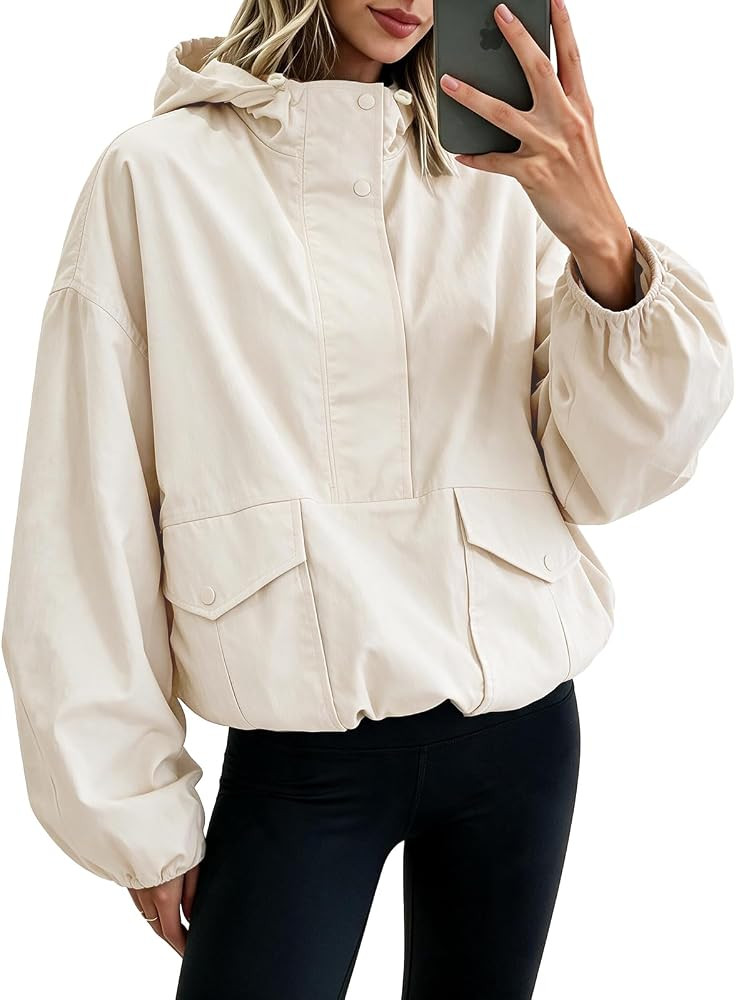 Fisoew Womens Windbreaker Jackets Hooded Half Zip Hiking Light Coats | Amazon (US)