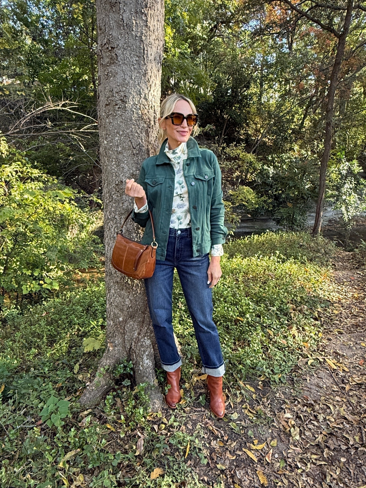 Cozy layers for the season! 
Green denim jacket, fabulous denim, pine cone tee in better cotton.

#LTKOver40 #LTKHoliday #LTKootd