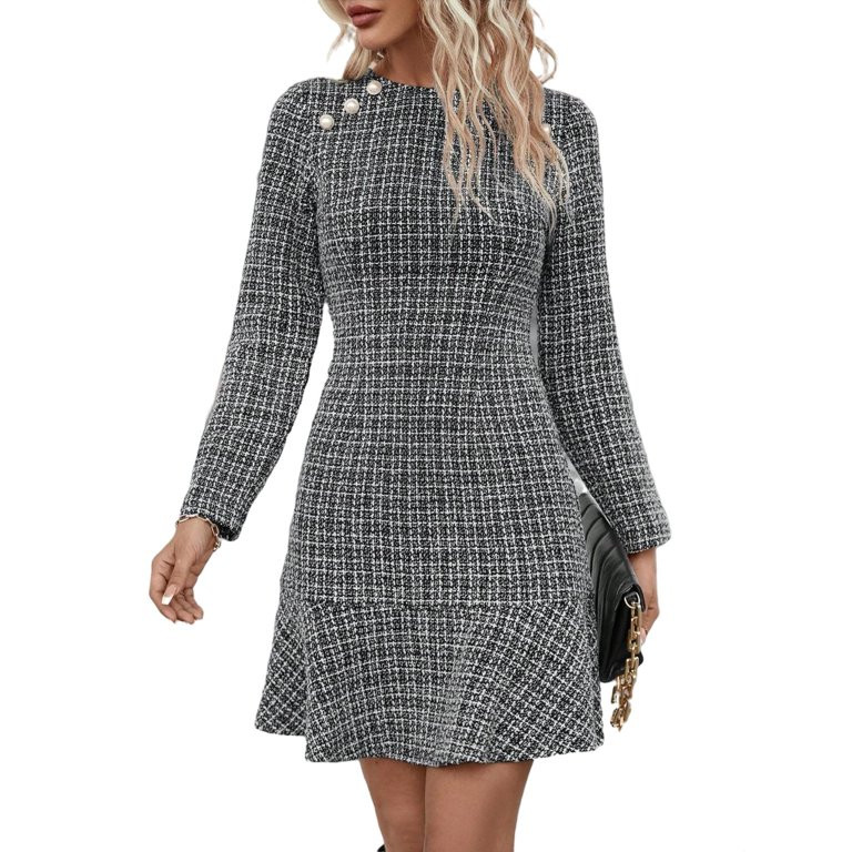 Elegant Plaid Print A Line Dress Round Neck Black and White Women Dresses | Walmart (US)