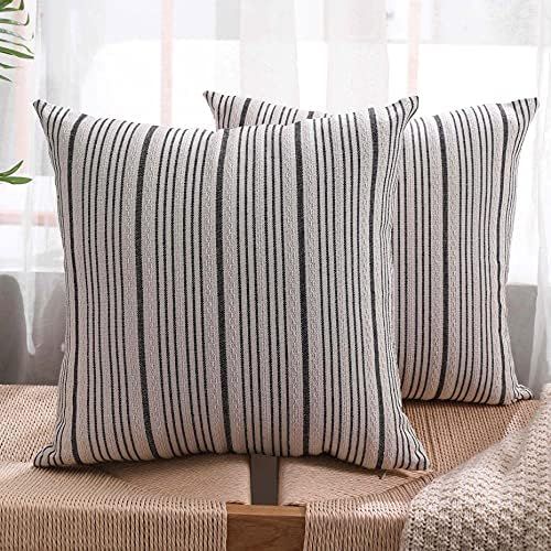 Farmhouse Striped Throw Pillow Covers Set of 2 ,Decorative Accent Textured Linen Pillowcase 18" X... | Amazon (US)