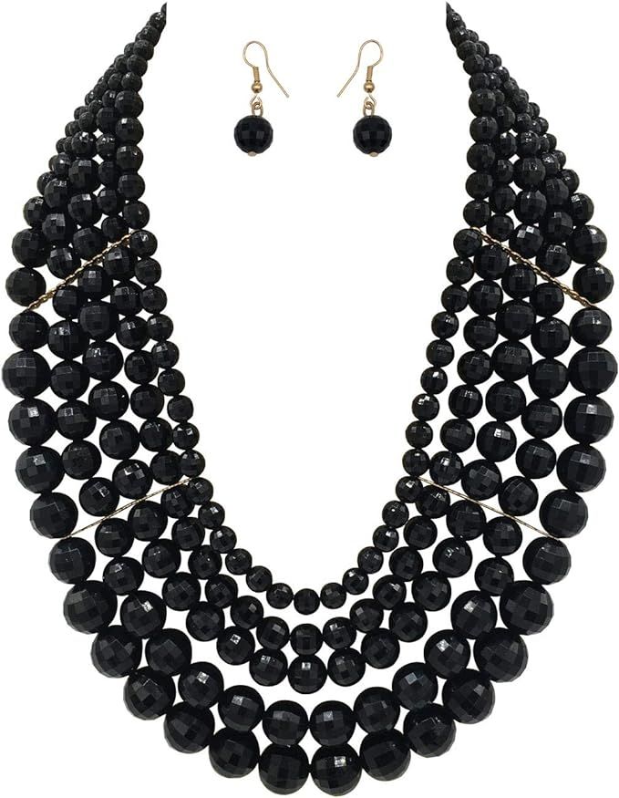 5 Layered Beaded Statement Chunky Necklaces For Women - Multi Strand Colorful Bead Layered Bib Ne... | Amazon (US)