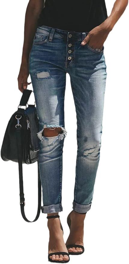 cordat Women's Ripped Boyfriend Denim Pants Judy Blue Stretch Skinny Jeans | Amazon (US)
