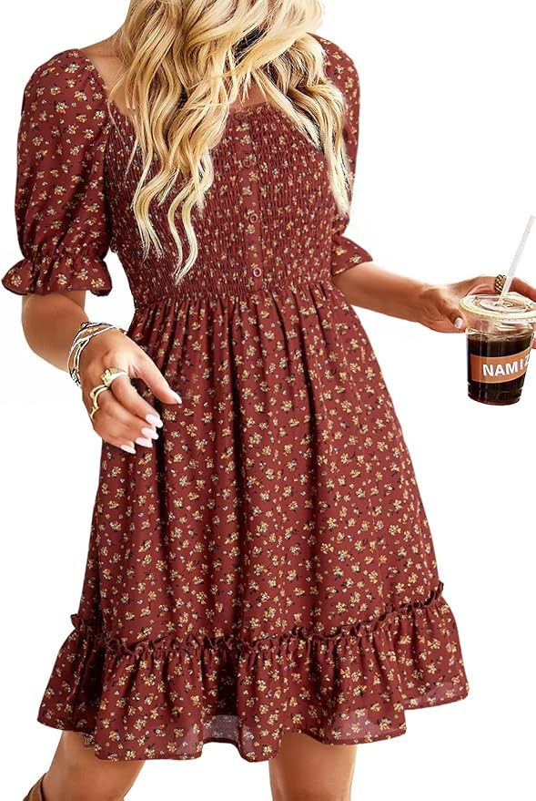 Dokotoo Womens Casual Summer Dresses Short Sleeve Square Neck Smocked Boho Floral Sundress Flowy ... | Amazon (US)