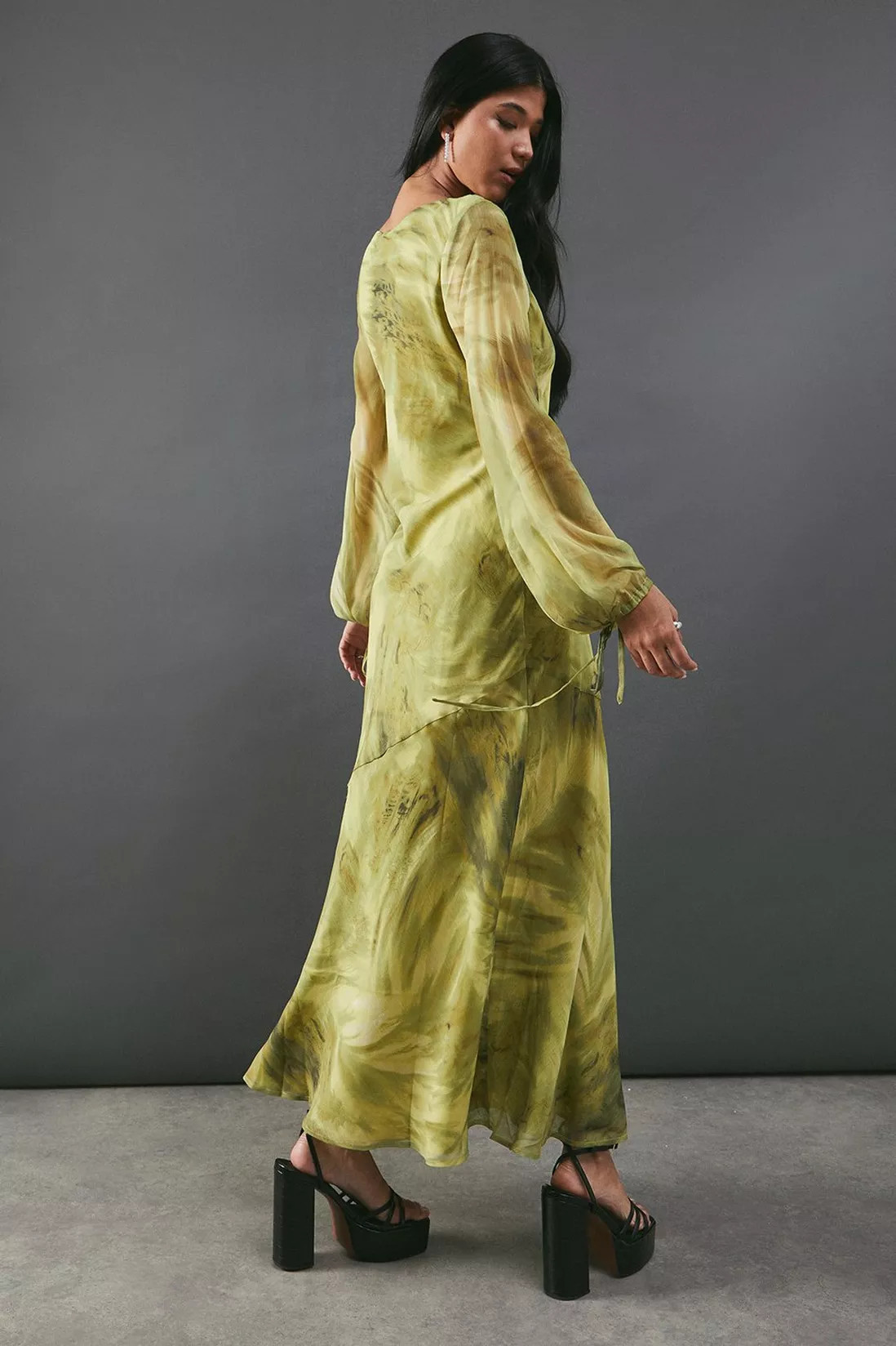 Dresses | Chiffon Feather Print Volume Sleeve Maxi Dress | Warehouse | Warehouse UK & IE