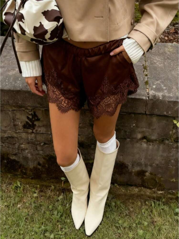 Women Lace Trim Satin Silk Shorts Y2K Patchwork Silky Mini Shorts Elastic Waist Pajama Slip Bottoms Boxer | SHEIN