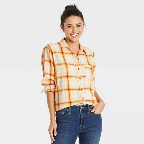 Women's Long Sleeve Flannel Button-Down Shirt - Universal Thread™ Yellow Plaid XXL | Target