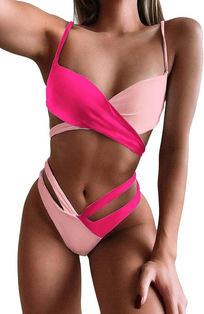 Lilosy Sexy Wrap Cutout Color Block Bikini High Cut Brazilian Swimsuit Set 2 Piece | Amazon (US)