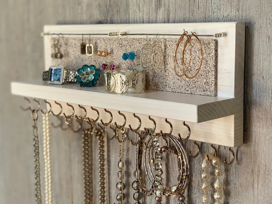 Jewelry Organizer Wall Holder - Rustic White 14" - Necklaces Bracelets Earrings | Etsy (US)