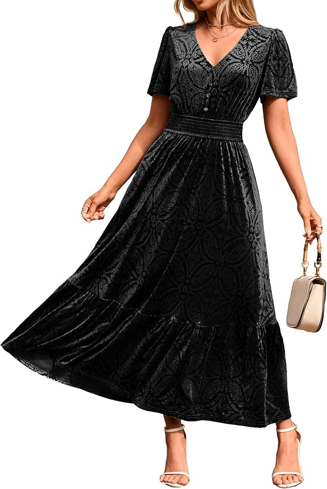 Simplee Womens Fall Velvet Dress Short Sleeve V Neck Floral Maxi Dress Long Formal Winter Wedding... | Amazon (US)