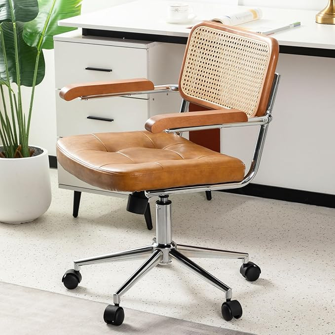 Rattan Office Chairs, Modern Rattan Desk Chair with Natural Back & Wood Armrest, Small Upholstere... | Amazon (US)