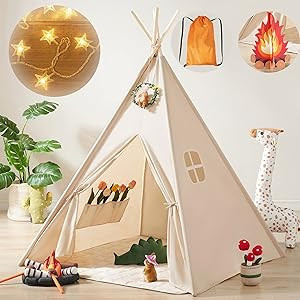 Tiny Land Kids-Teepee-Tent with Lights & Campfire Toy & Carry Case, Natural Cotton Canvas Toddler... | Amazon (US)