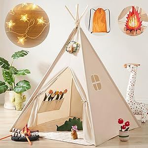 Tiny Land Kids-Teepee-Tent with Lights & Campfire Toy & Carry Case, Natural Cotton Canvas Toddler... | Amazon (US)