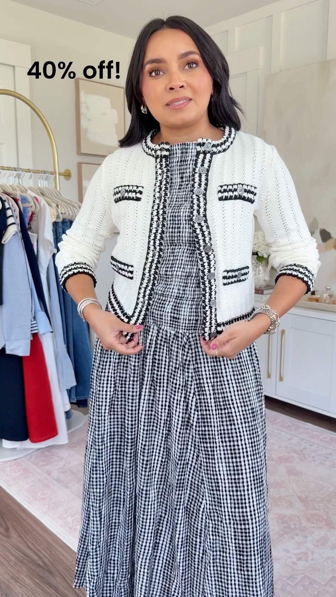 Black and white dress size xs regular - typically would be an xxs but this was the perfect fit
Black and cream cardigan size xxs - size up a size to button or if you have a larger bust
Clear heels size 5 TTS

#LTKgrwm #LTKPetite #LTKSaleAlert