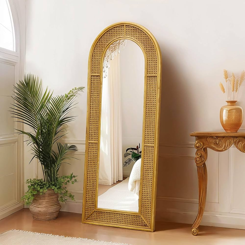 Rattan Full Length Mirror, 60''x24'' Arched Floor Mirror for Home, Bedroom, Living Room, Boho Dec... | Amazon (US)