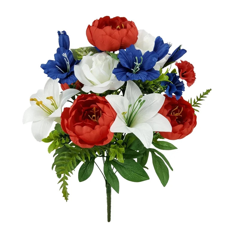 Mainstays 21 in Outdoor Artificial Floral Bouquet, Red Peony, White Lliy and Blue Delphidium - Wa... | Walmart (US)