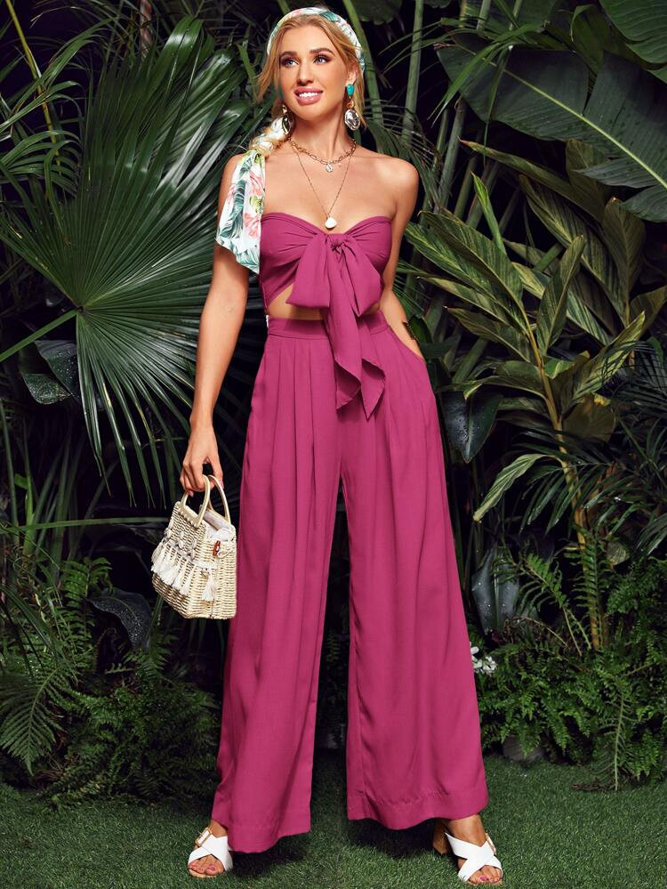 SHEIN Tie Front Tube Top and Wide Leg Pants Set | SHEIN