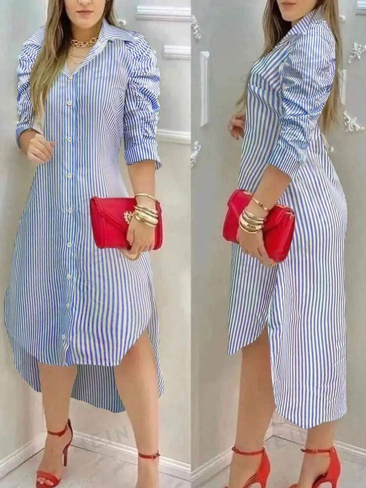SHEIN Relaxiva Vestido de camisa casual con pliegues y mangas 3/4 a rayas para mujer, atuendo max... | SHEIN