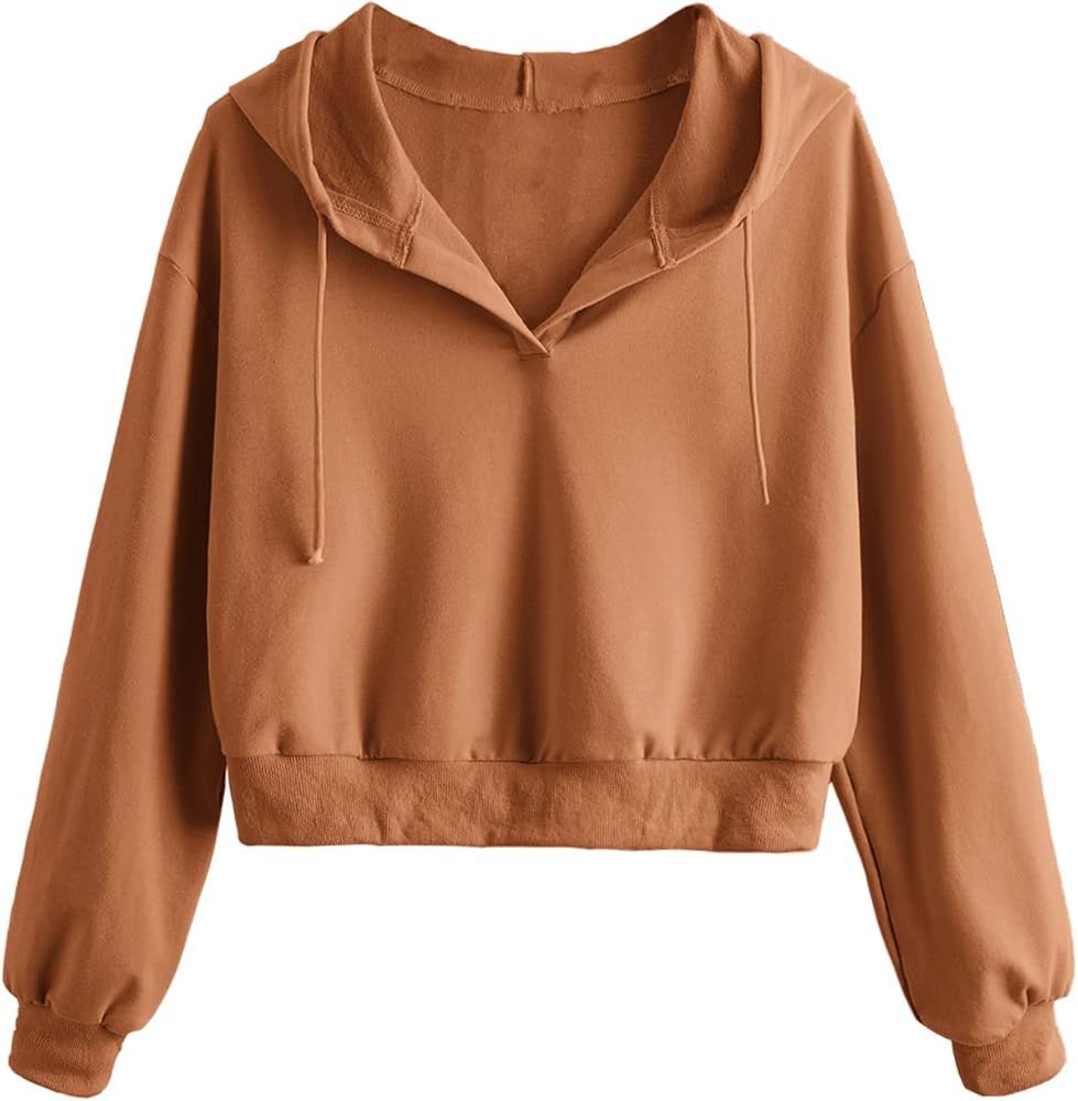 Verdusa Women's Long Sleeve Drop Shoulder Drawstring Crop Hoodie Sweatshirt | Amazon (US)