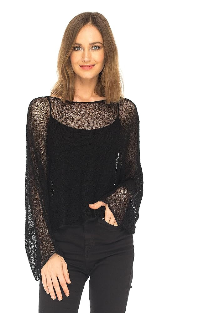 SHU-SHI Womens Sheer Blouse Top Knit Lightweight Shrug Sweater Poncho | Amazon (US)
