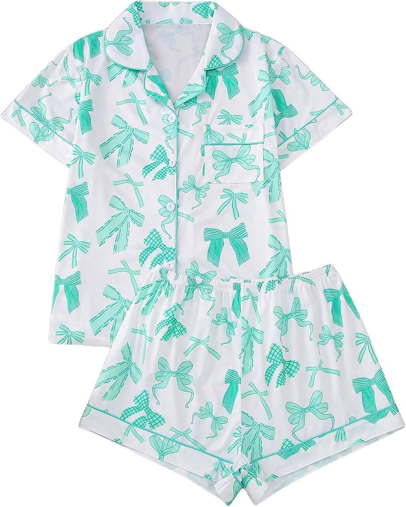 WDIRARA Women's 2 Piece Bow Print Pajama Set Short Sleeve Button Down Lounge Shorts Sleepwear Set... | Amazon (US)