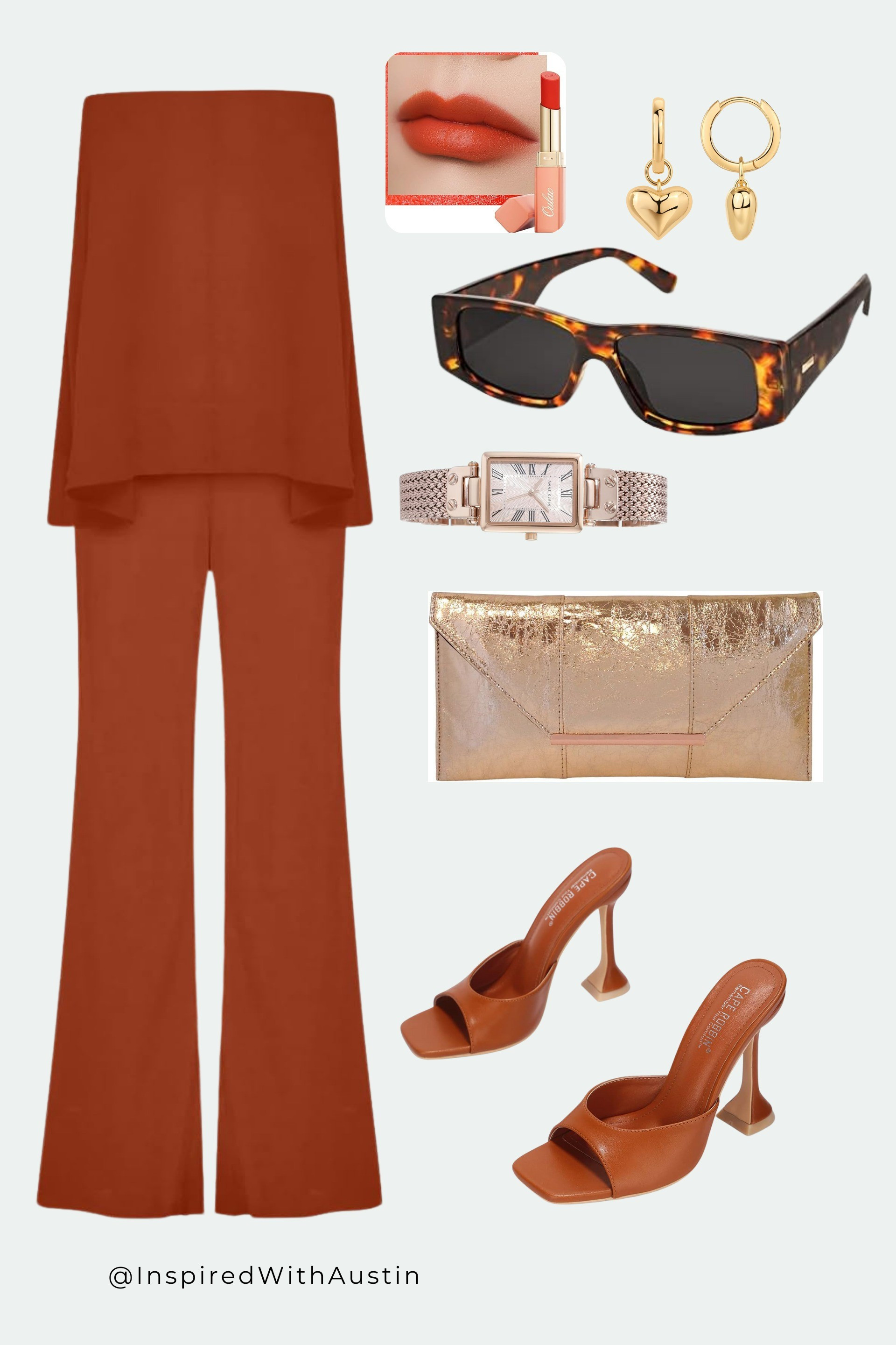 Ignite your style with the fiery tones of autumn, where rust-hued separates meet gilded accessories for an ensemble that's both warm and luxurious. From the mellow glow of golden-hour sunglasses to the rich polish of terracotta heels, every piece tells a story of elegance and poise. Step into the season with confidence and a pop of pumpkin spice flair. #AutumnAesthetic #TerracottaTrend #GoldenGlow #StyleHarvest

#LTKstyletip #LTKbeauty #LTKworkwear
