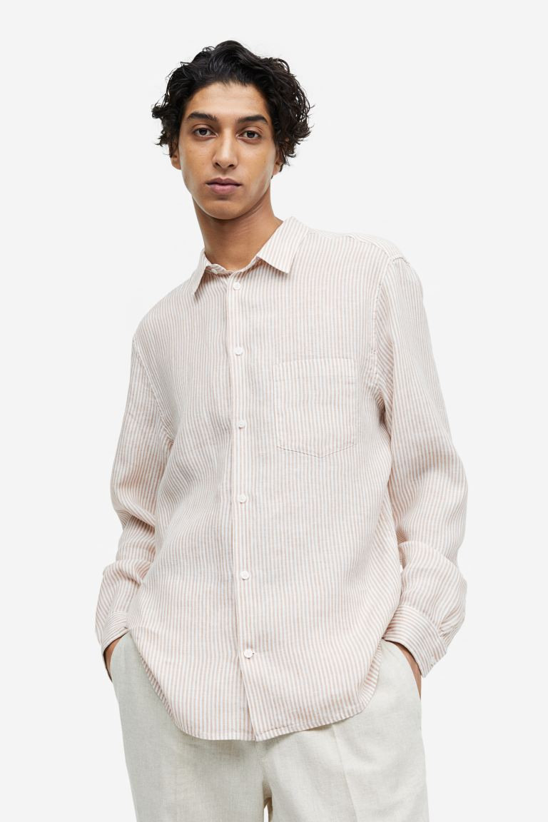 Regular Fit Linen Shirt - Light beige/striped - Men | H&M US | H&M (US + CA)