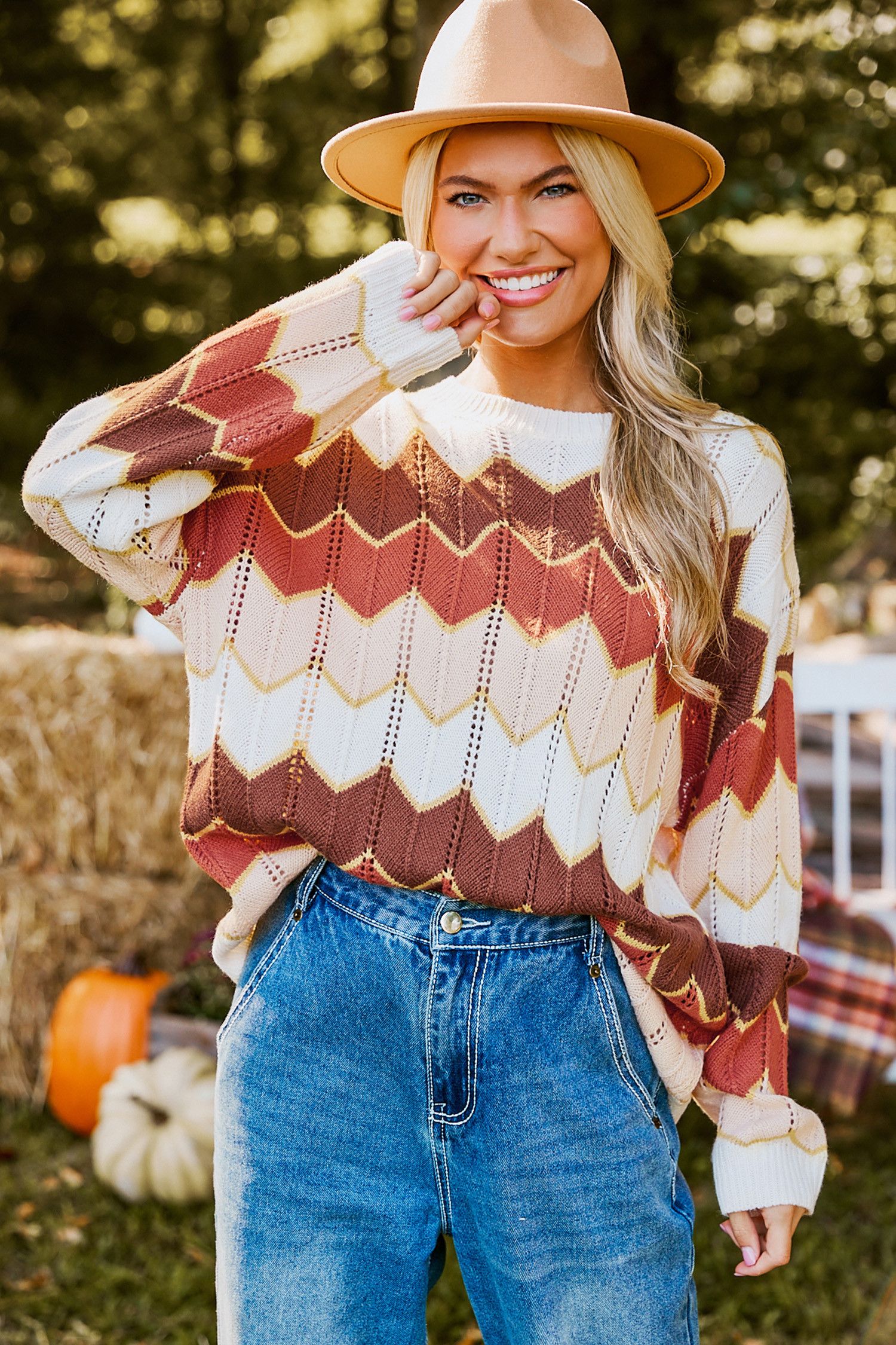 Chevron Colorblock Round Neck Long Sleeve Sweater - L | Cupshe US