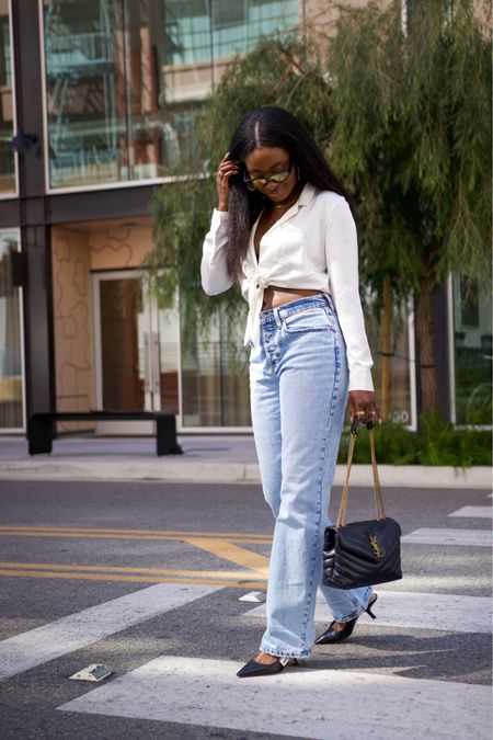 The best fitting low rise jeans! I love this model off duty look. abercrombie baggy jeans, ysl lou lou, Dior sling backs, satin button up shirt 

#LTKstyletip #LTKshoecrush