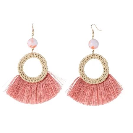 Crafted Round Fan-Shaped Straw Earrings Women S Woven Rattan Earrings Jewelry Pink | Walmart (US)
