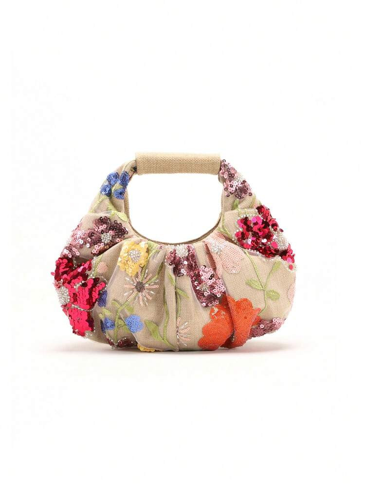 Travachic 1pc Colorful Sequin Contrast Mesh Flower Embroidered Cloud Ruffle Unique Design Linen Ladies' Handbag, Summer Beach Vacation Style, Floral Pattern Randomly Sent, Sparkling Sequin Bags Ladies Elegant ,Holiday | SHEIN