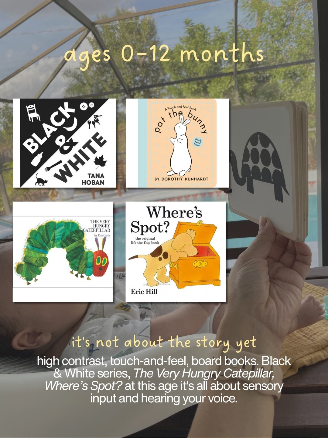 Ages 0–12 months: it’s not about the story yet; sensory input, high contrast, your voice. These are the ones that do the job

#LTKBaby #LTKmomlife