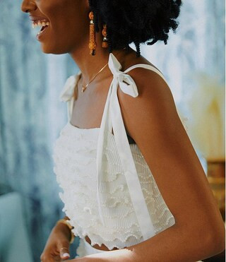 x Venita Aspen Aspen Plisse Pearl Trim Straight Neck Tie Straps Blouse | Dillard's