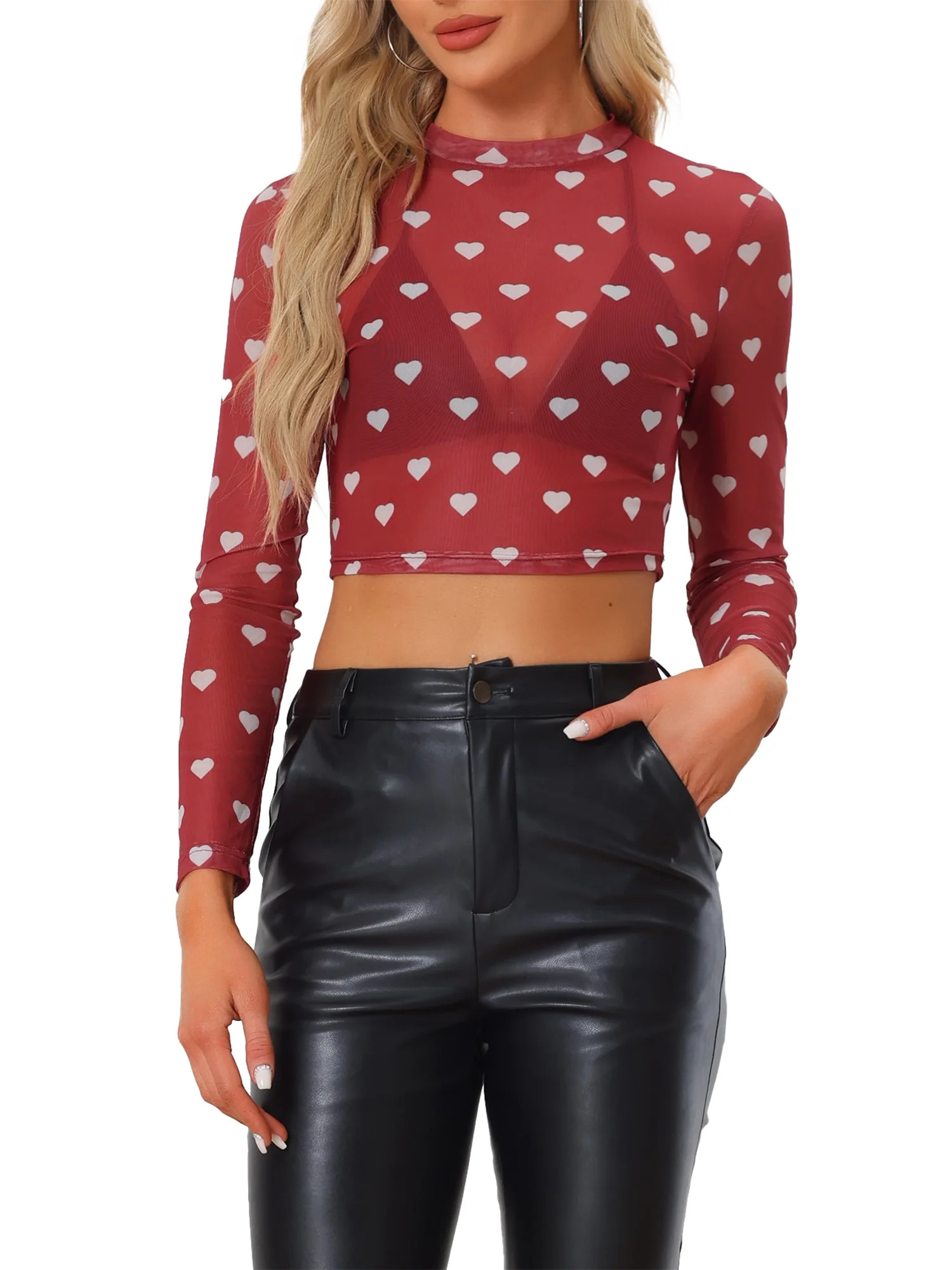 Allegra K Women's  Semi-Sheer Heart Crop Top Party Crew Neck Mesh Blouse M Red | Walmart (US)