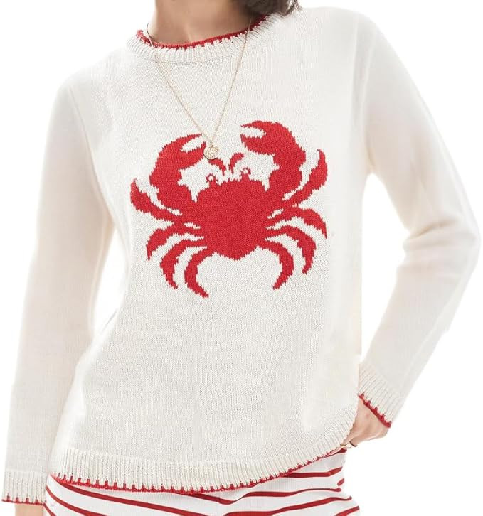 Giraropa Women Contrast Sweater Lobster/Crab/Carp Knit Sweaters Long Sleeve Crew Neck Loose Pullo... | Amazon (US)