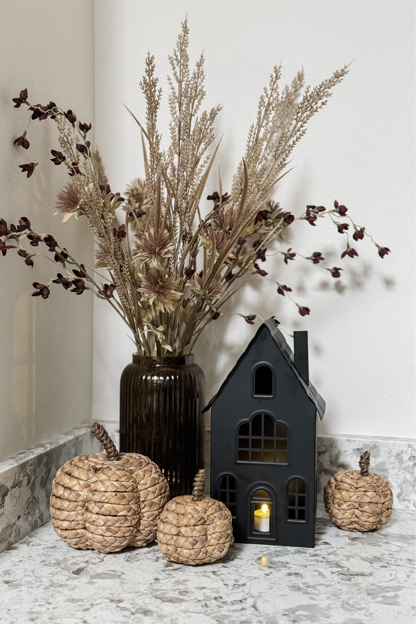 Right now our home decor is full-on autumn with a hint of Halloween (with the rest being put out on Oct 1st!).

I really like the textures and colors of these faux floral stems - I bought two bundles! And this vase is so pretty... I plan to use it through all the seasons as it's a lovely neutral green tinted glass.

The pumpkins are from last year, but I linked this year's options and I love this little spooky house!

#LTKHome #LTKSeasonal #LTKHalloween