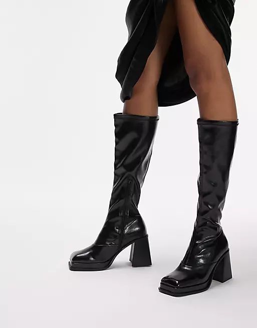 Topshop Tide knee high heel boot in black | ASOS (Global)
