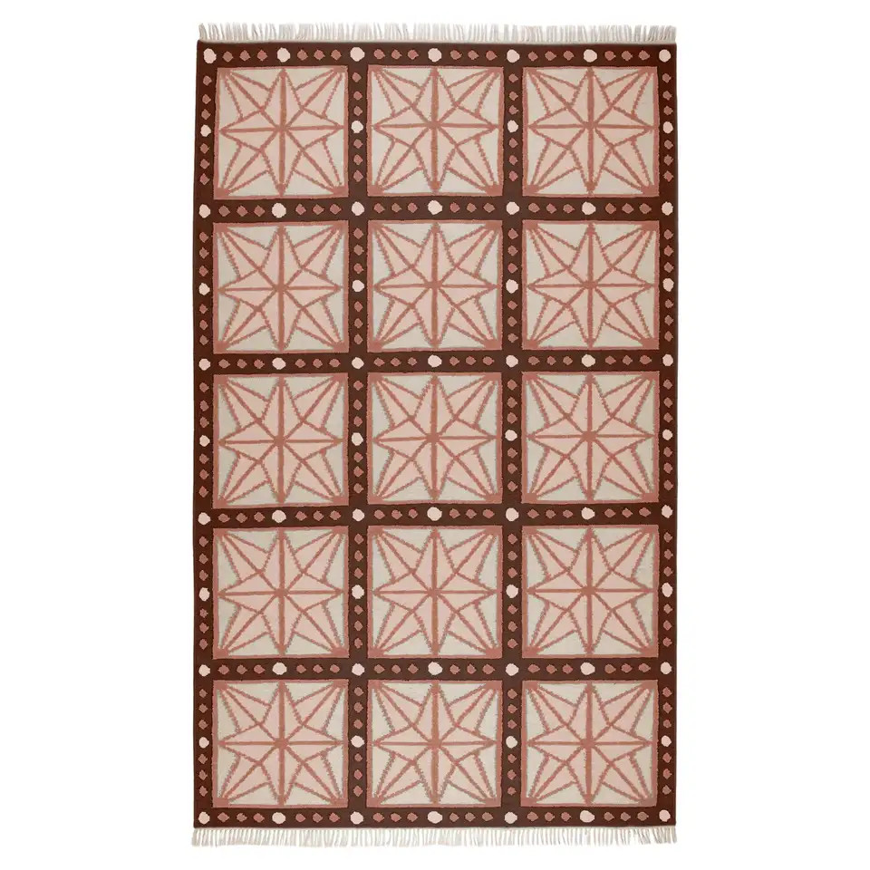 Handwoven Wool Star Rug, 8' x 10', Bisque Pink, Chocolate Brown and Eggshell | 1stDibs
